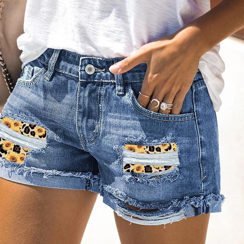 skorts Summer Vintage Faded Distressed Ripped Jean Woman Leopard Print Camouflage Curling Shorts Female Casual Hole Hot Short Denim XXL soffe shorts