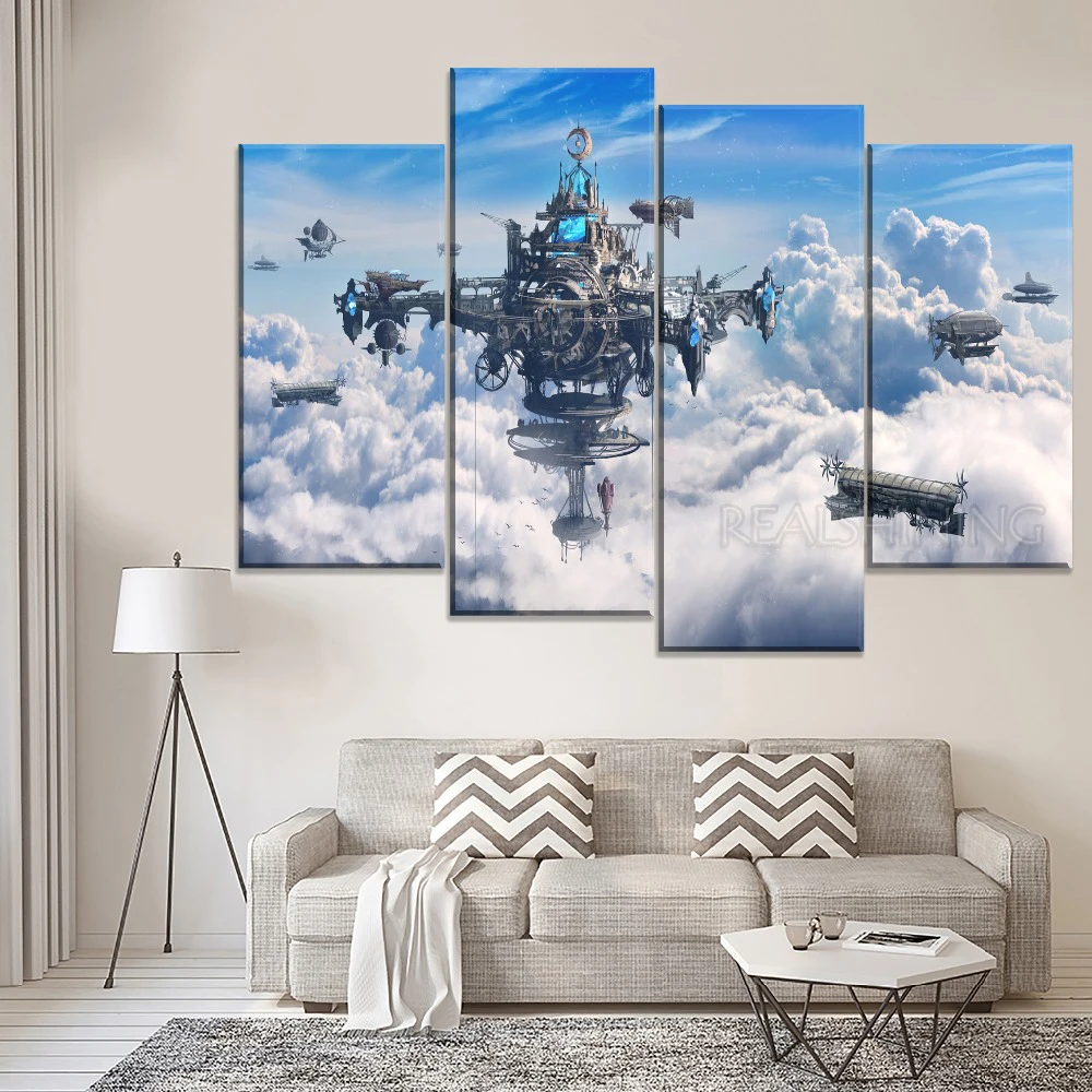 4pcs Full Square/Round 5D DIY Diamond Painting &quotBlue Sky Sci Fi Steampunk City And Airship&quot Multi-picture Embroidery N693 | Дом и сад