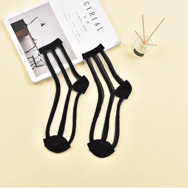 Для женщин женские носки для девочек модные, прозрачные сетчатые Стекло шелковые носки для девочек ультратонкий прозрачный кристалл кружевной сказочные эластичные летние носки с высокой пяткой - Цвет: black stripe