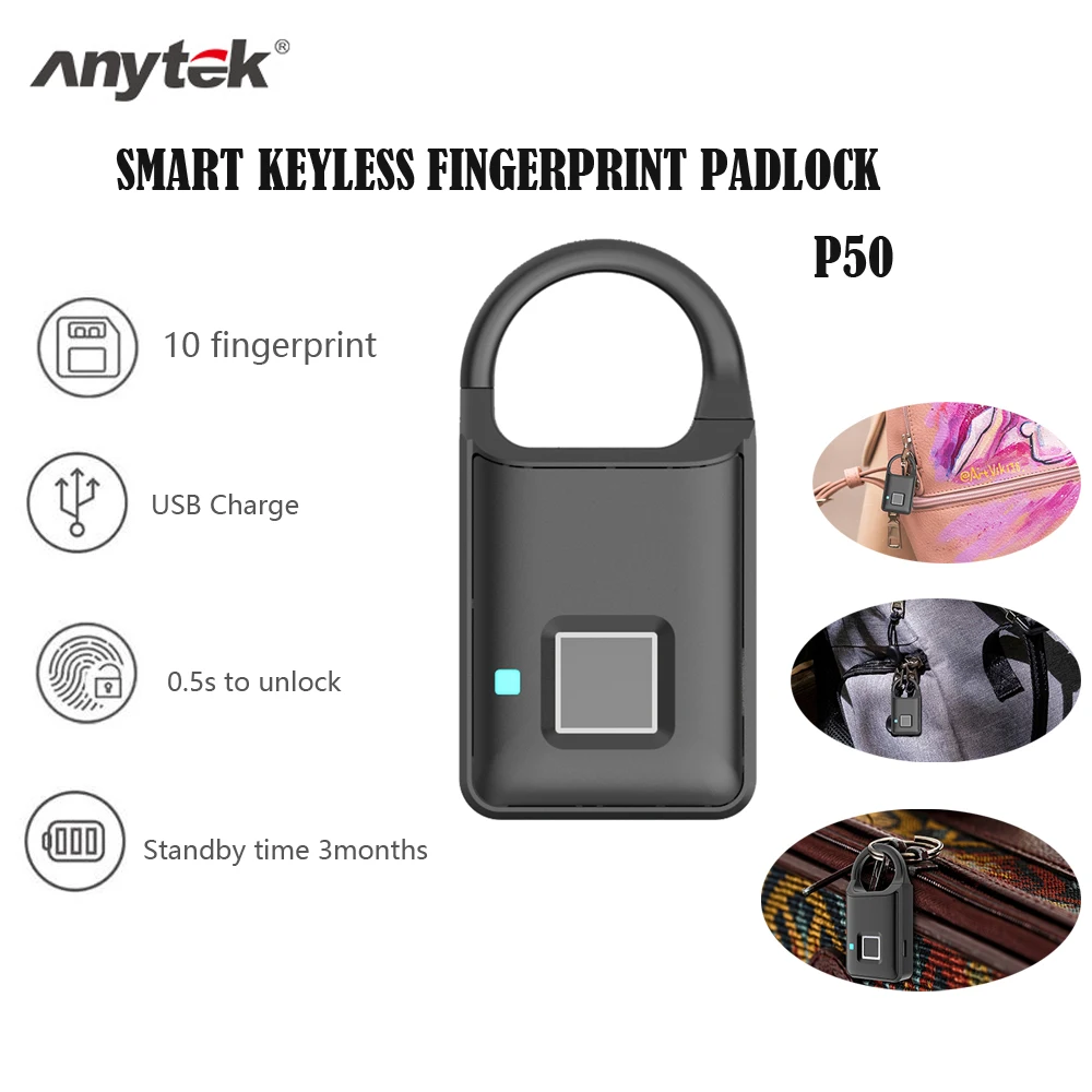 Anytek, USB, перезаряжаемый, P50, длительное время работы в режиме ожидания, умный, без ключа, с отпечатком пальца, замок, Противоугонная защита, замок для двери, багажный замок