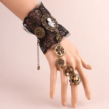 

1 Pair Pirate Style Fingerless Gloves Gothic Floral Lace Steampunk Wristband Ring Vintage Gloves Bridal Bracelet Ring Set ST259