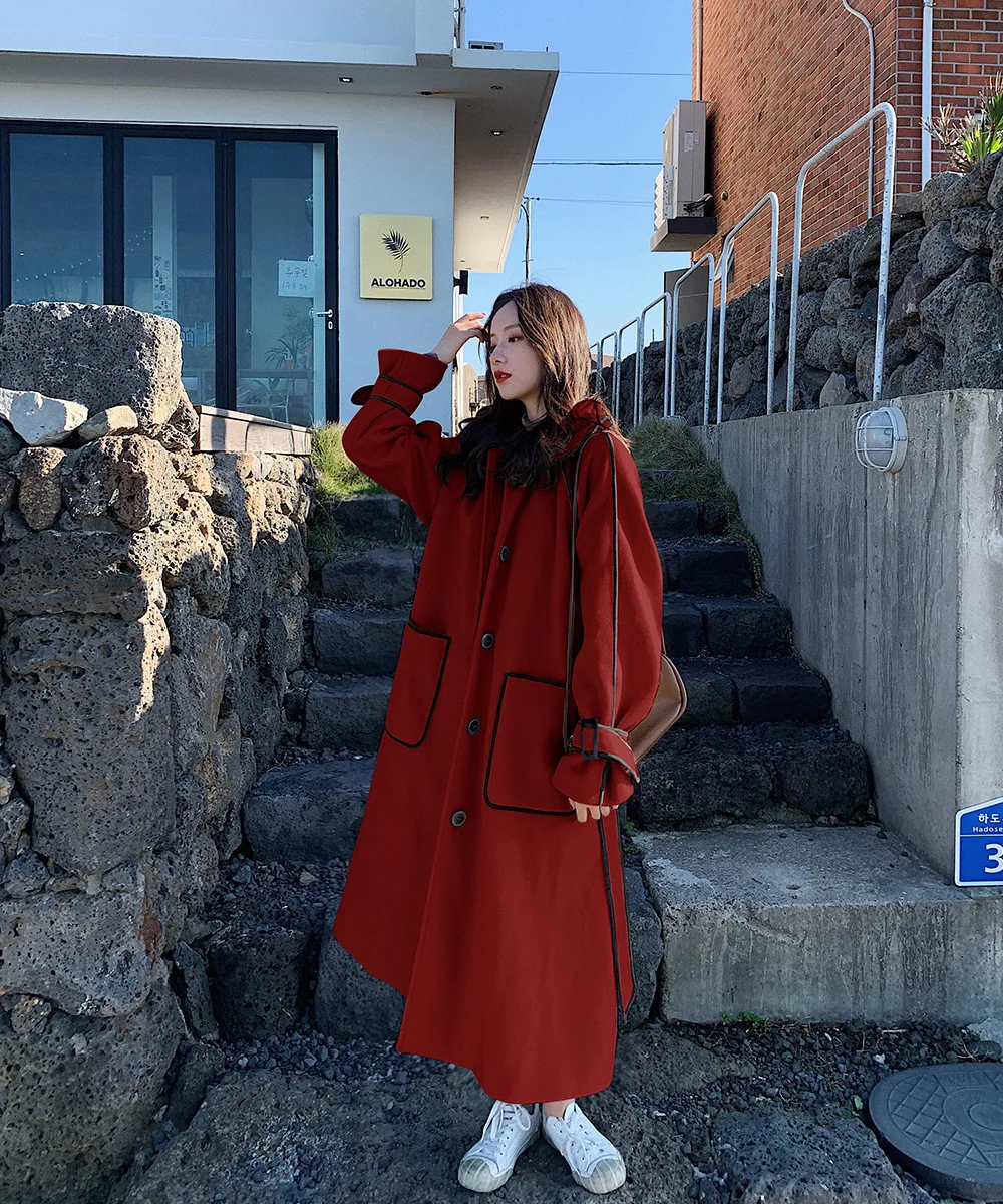 

Photo Shoot Wine Woolen Jacket Women's 2019 Autumn And Winter New Style Overcoat Mid-length Loose-Fit Hepburn Wind Woolen Overco