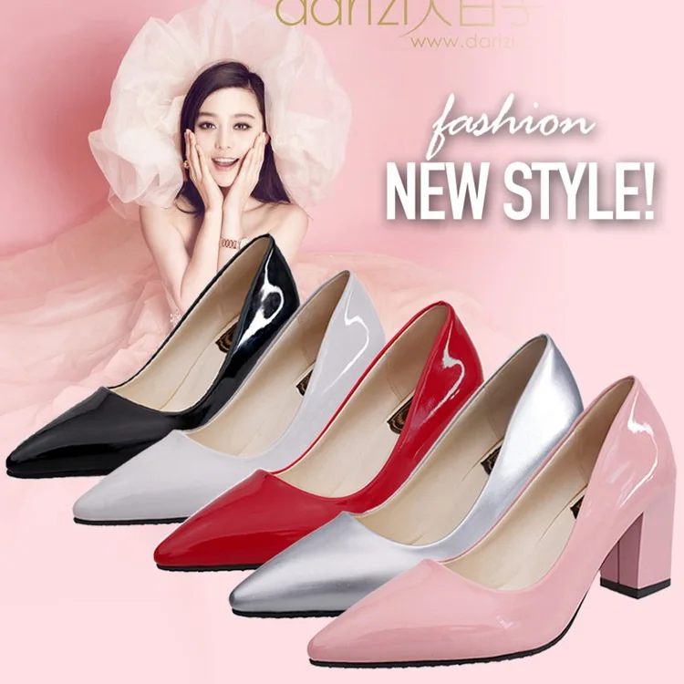 

2017 New Style Shoes Women's Business Small Leather Shoes Pointed Toe Patent Leather Chunky Heel High-Heel Four Seasons Versatil