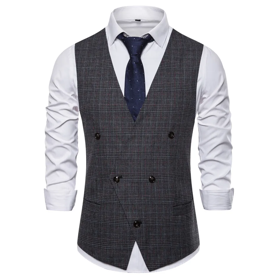 New Arrival Men Suit Vest Fashion Design Mens Slim Fit Black Gray Grid Vest Autumn Casual Men Single Breasted Waistcoat