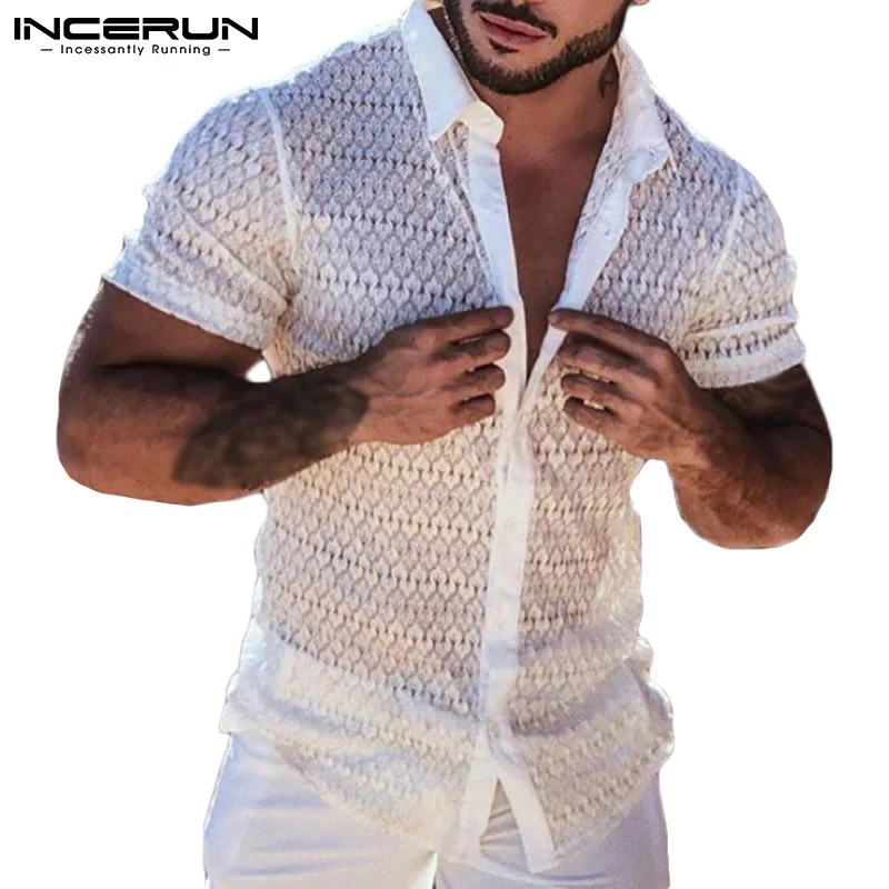 

Men Mesh Shirt Lace Lapel Short Sleeve Streetwear See Through Casual Tops Sexy Party Nightclub Shirts 2023 Camisas 5XL INCERUN