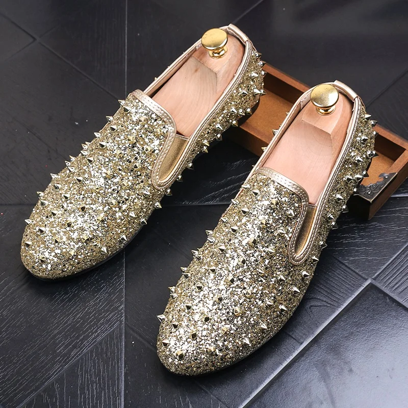 Men Brand Designer Shoes Glittering Sequins Studded Rivet Spike Loafer Shoe For Male Dress Wedding Sapato Social Masculino | Обувь