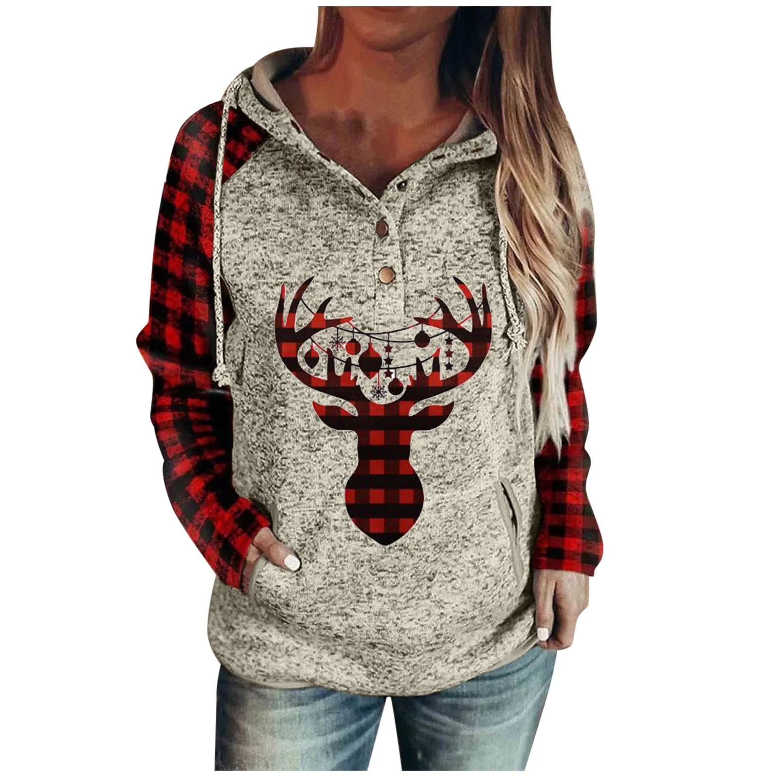 40# Women Clothing 2020 Sweatshirt Hoodie Plus Size Women's Sweater Christmas Plaid Contrast Color Winter Warm Sweater Свитшот