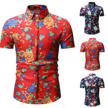 

Mens Short Sleeve Floral Print Casual Luxury Print Cotton Work Plaid Shirt Tops