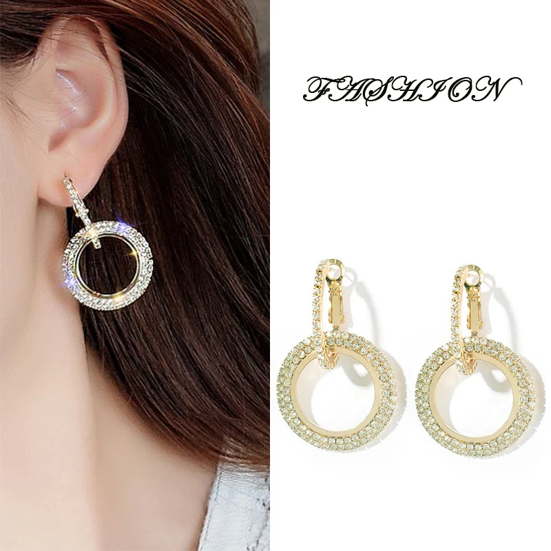 

Korean New Elegant Crystal Hoop Earrings Fashion Round Gold Color Big Earrings Wedding Party Jewelry For Woman