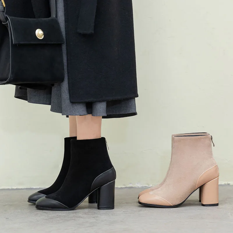 

Short Boots Women's 2019 Autumn & Winter New Style Square Head Chunky High Heel Mixed Colors Slimming Elasticity Boots Online Ce