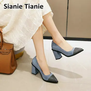

Sianie Tianie 2020 spring autumn office career woman's pumps slip-on block high heels stilettos women size 46 big girl shoes