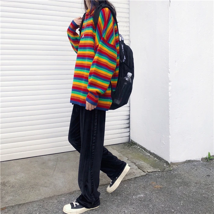 Women's Knit Sweater Loose Stripe Sweaters Long Sleeve Color Womens Pullover Japanese Kawaii Clothing Winter Clothes for Women