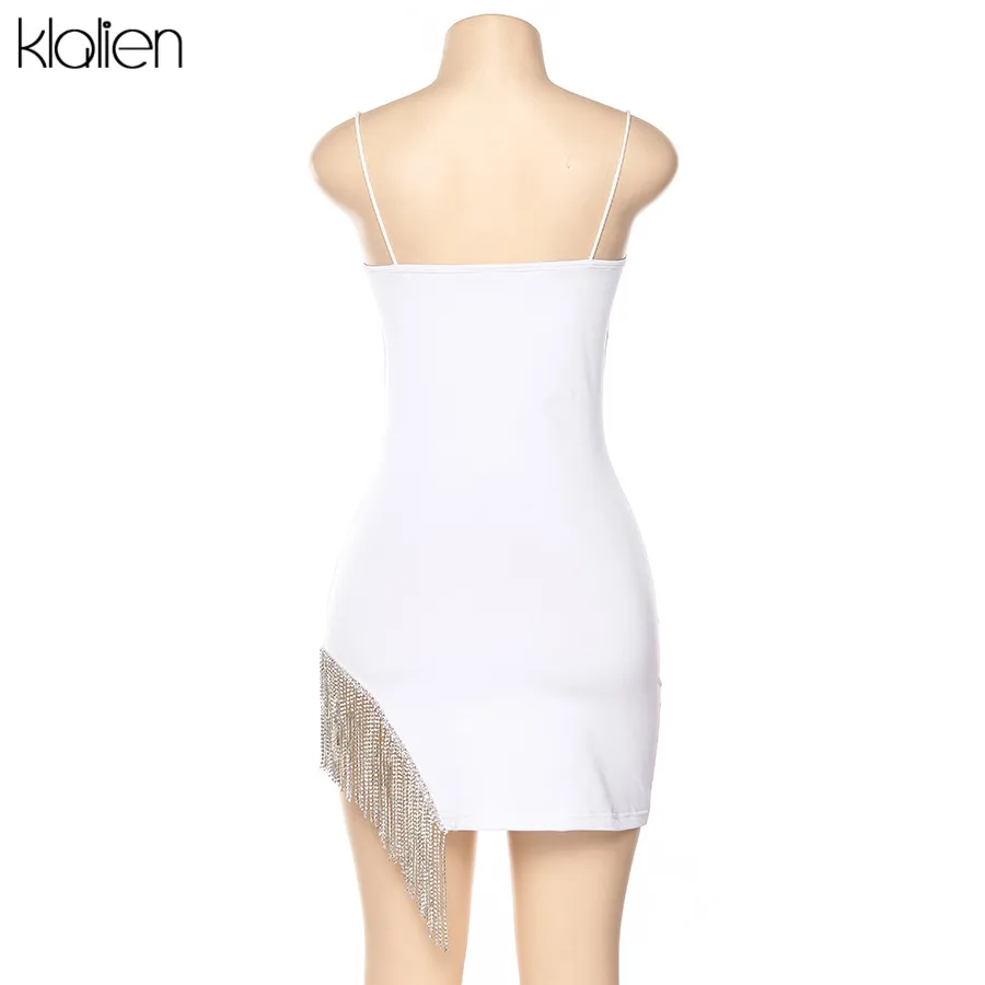 KLALIEN Tassel Sexy Solid Strapless Sleeveless Patchwork Bodycon Dress New Summer Fashion Elegant Senior Club Party Mini Dress