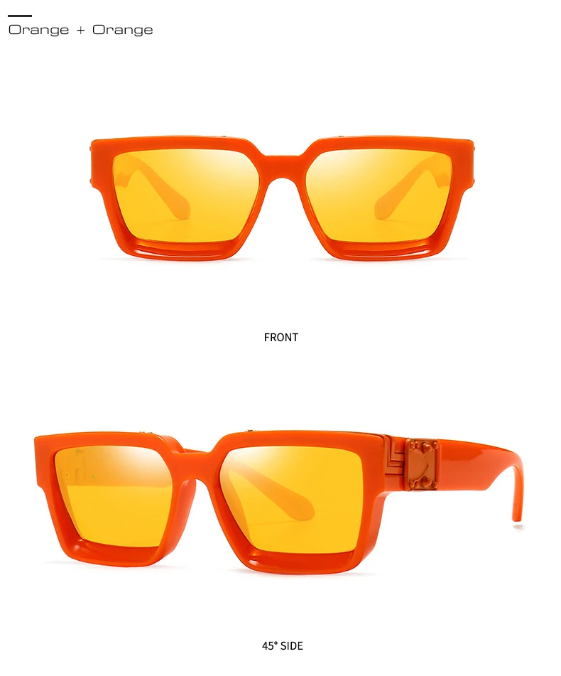 Two images of Vintage Luxury Square Men Sunglasses featuring bold rectangular frames and chic yellow-tinted lenses. The top view showcases this stylish accessory from the front, while the bottom view presents it at a 45-degree side angle for added allure. Experience UV400 protection paired with elegant design.