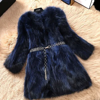 Новые модные женские пальто из натурального меха лисы натуральная Меховая куртка X-Long тонкая теплая зимняя верхняя одежда с кушаком щетка для волос - Цвет: NavyBlue 101CM