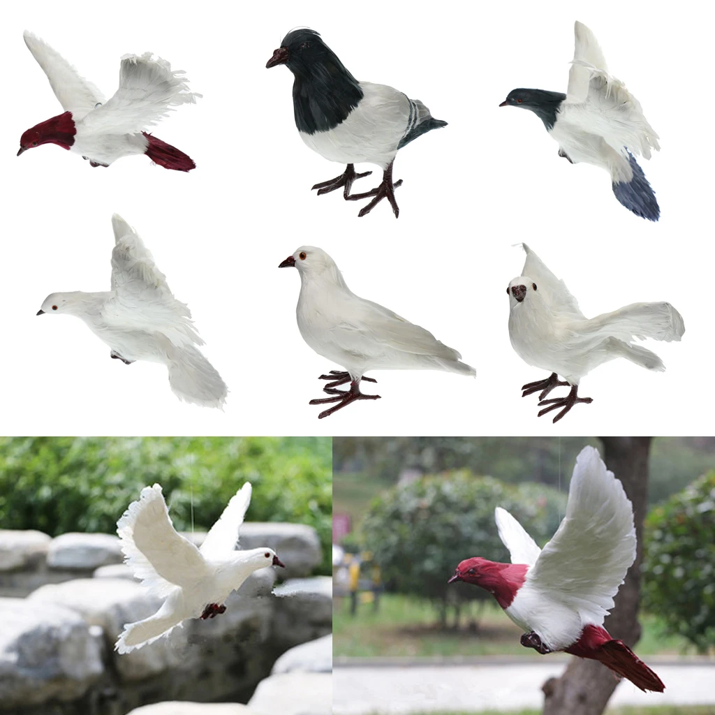 Artificial Feathered White Doves Standing & Flying Realistic Birds Statues Ornaments for Home Tabletop Décor Garden Decoy