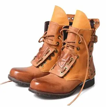 

Burgurdy Brown Round Toe Retro Gradient Lace Up Front Zip Buckles Genuine Leather Girls Short Boots Flat Ankle Boots Winter