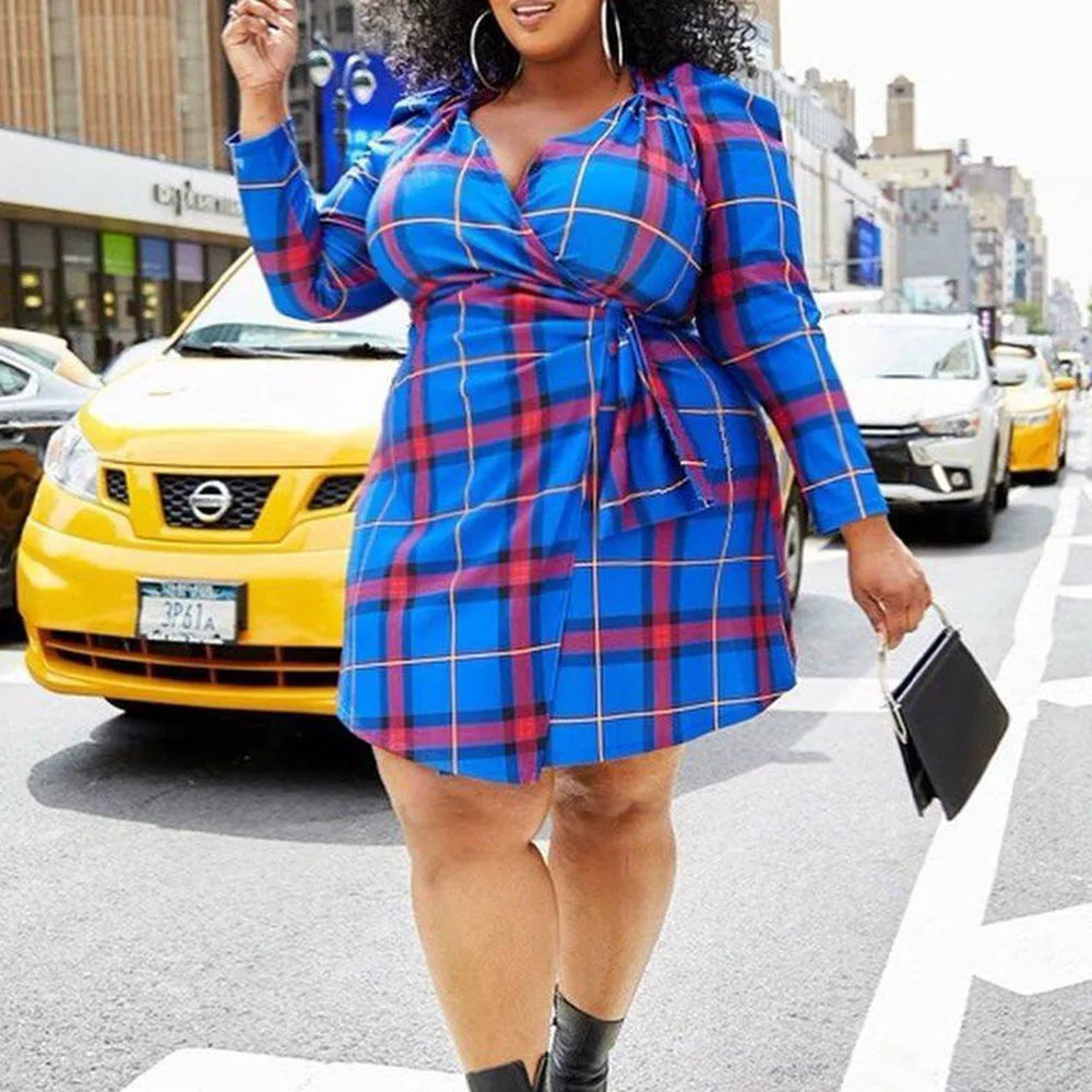 

Vintage Plaid Blue Mini Dress 2020 Spring African Plus Size Short Wrap Dress Casual V Neck Retro Vestiods Large Sizes for Woman