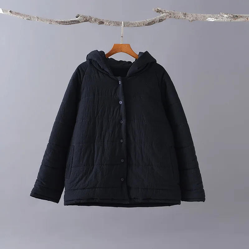 Black Aransue Winter Cotton Linen Coat with Hood Women New Style RETRO Cap Short Cotton Jackets Warm and Thick Cotton Tops - Color: Black