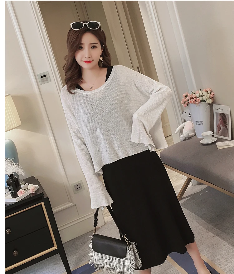 Autumn Maternity Long Flare Sleeve Loose Sweater+Lactation Sundress Twinset Postpartum Women Nursing Clothes Set Breastfeeding