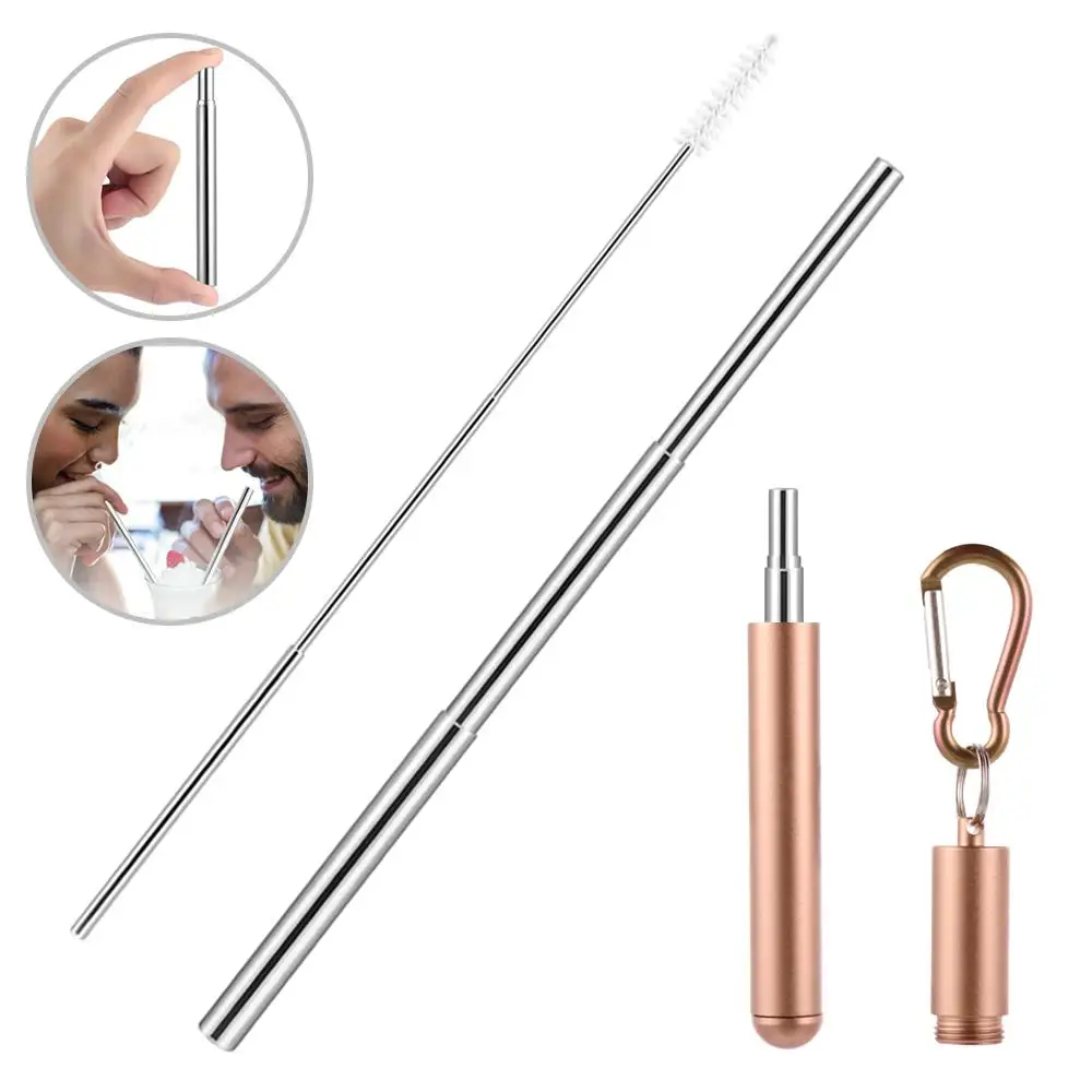 rose gold 3 секции телескопическая металлическая Питьевая соломинка портативная соломинка для путешествий многоразовая Складная соломинка из нержавеющей стали с Чехол и щеткой - Цвет: rose gold