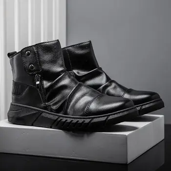 

Black PU leather boots men superstar comfort sneakers boys platform luxury brand shoes male autumn moto boats