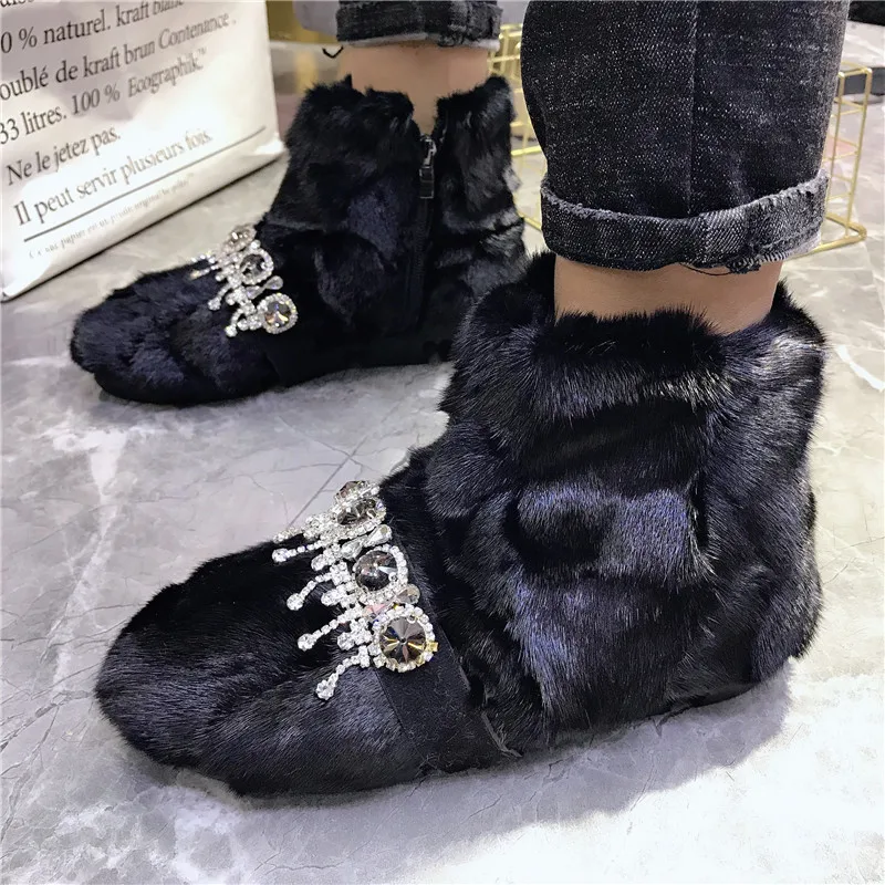 Handmade Women Furry Ankle Boots Crystal Short Booties Winter Warm