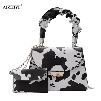 

Fashion Plaid Cow Pattern Women Shoulder Handbag PU Leather Pleated Handle Chain Crossbody Bags w/Small Clutches Purse