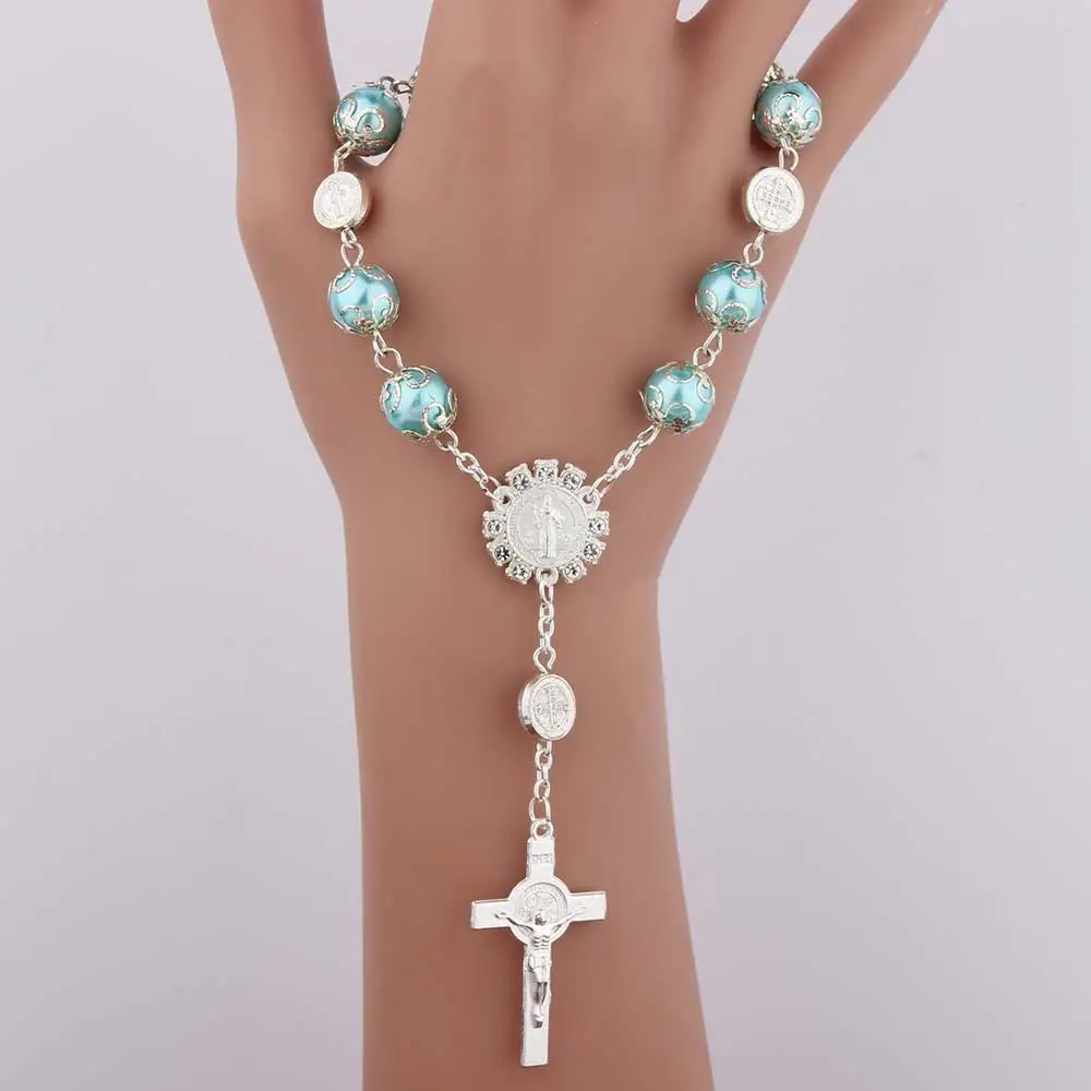Христианский крест, католический стеклянный жемчужный браслет, серебряные четки, браслет, Религиозные ювелирные изделия