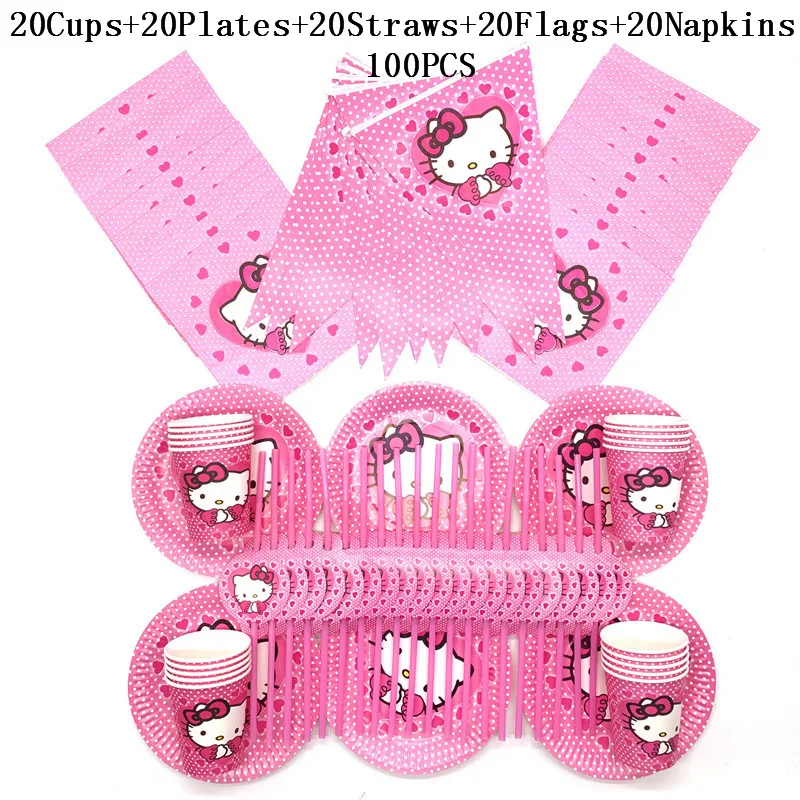 

60pcs/100pcs Disposable Tableware Hello Kitty Napkin Kids Favor Birthday Party Decorations Paper Flag Cup Plate Straw Set Supply