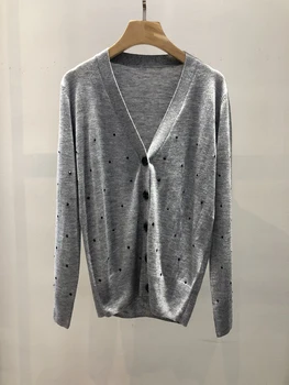 

High Quality Autumn Cardigan 2020 Women's Hot Rhinestone V-neck Wool Knit Cardigan