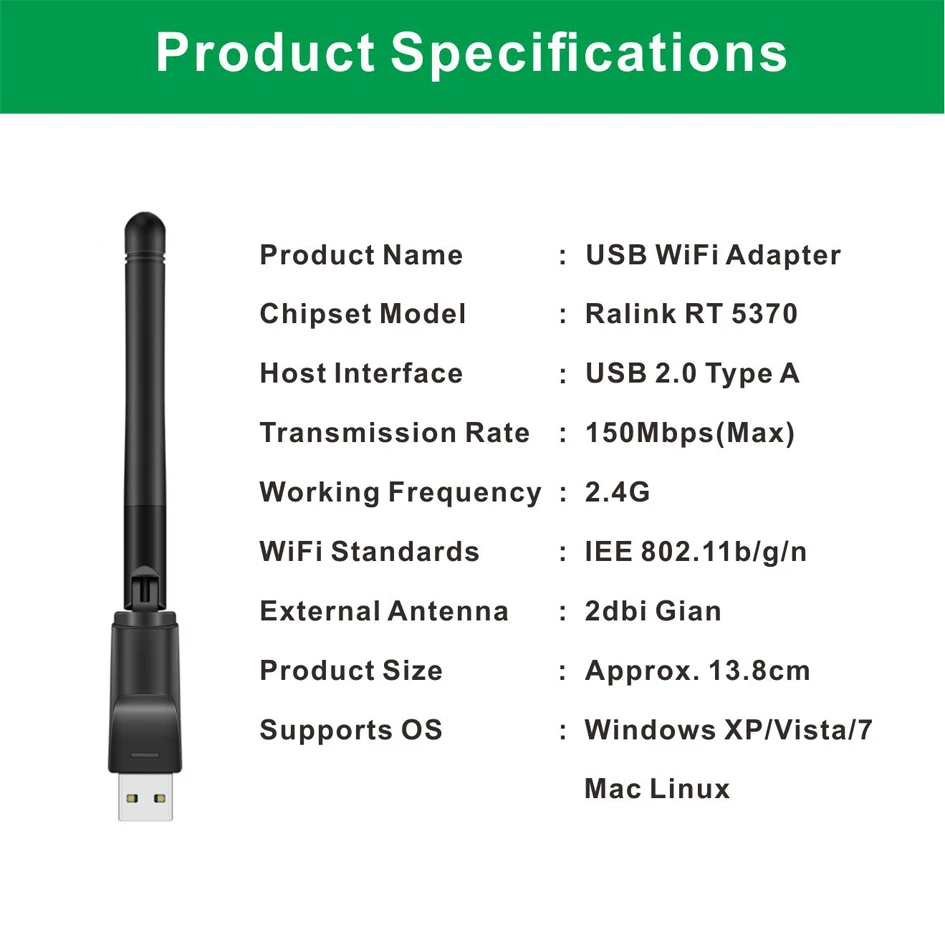 Wifi-адаптер с антенной USB Wifi 150 Мбит/с Ralink RT5370 беспроводная сетевая карта Mini USB 2,0 PC LAN Wi-Fi приемник Dongle 802,11 b/g/n