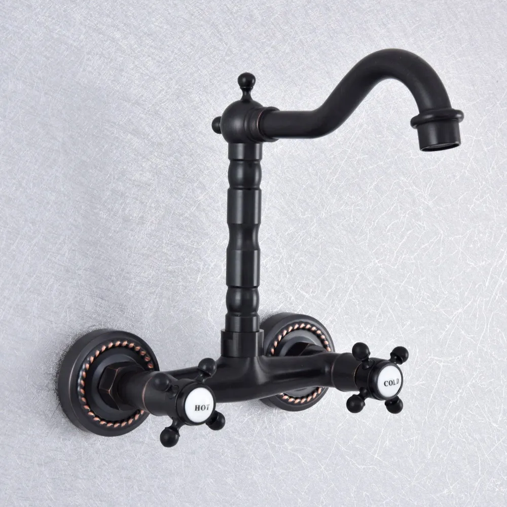 

Black Oil Rubbed Bronze Brass Wall Mounted Dual Cross Handles Kitchen Bathroom Vessel Sink Faucet Mixer Taps asf742