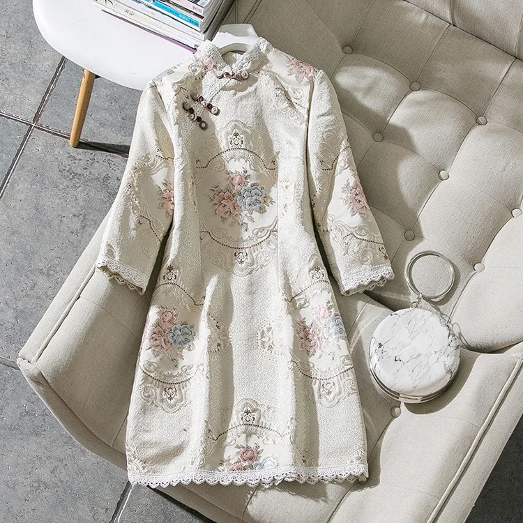 Blvyisla Ретро Мини Cheongsam тонкий сексуальный женский китайский жаккард Вышивка платье Китай qipao платья Азиатский размер