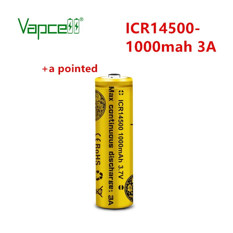 Periódico Paciencia preferir Vapcell batería recargable mini de litio para linterna, pila original de  3,7 V, 14500 mah, 3A, botón superior (añadir un puntiagudo), 1000|Baterías  recargables| - AliExpress