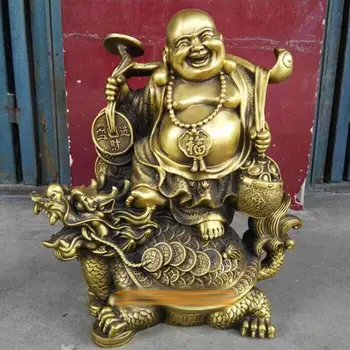 

Copper Satue Chinese Copper Wealth Money Happy Laugh Maitreya Buddha On Dragon Turtle Statue