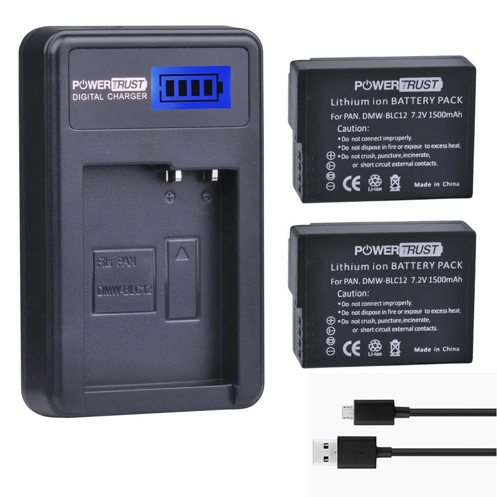 Batteria Powertrust Dmw Blc12 (Confezione Da 2) E Caricabatterie Per Panasonic Dmw-Blc12 E Leica Bp-Dc12, Bp-Dc12-U, 18729, Leica V-Lux 4, V-Lux (Typ 