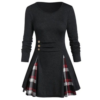 

ROSE GAL Plus Size Buttoned Plaid Long Sleeve A Line Tunic Tee For Women Round Neck Female Tops Autumn