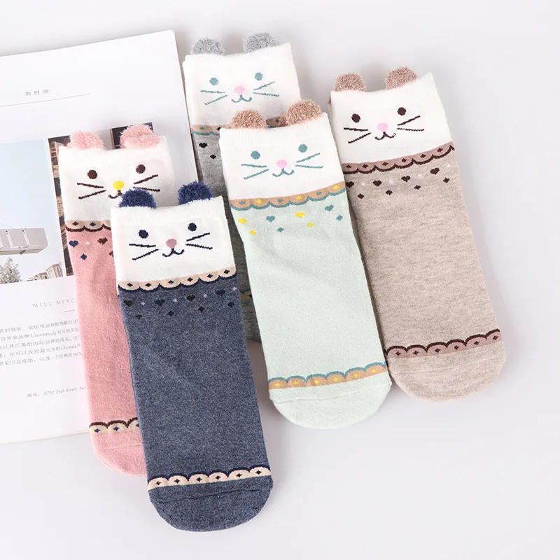 10 pairs/Lot Autumn and Winter Socks Women Pure Cotton Cute Pink 3D Cat Ear Short Grils Casual Ankle Boat For Female | Женская одежда