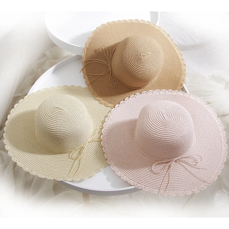 Модные соломенные женский головной убор от солнца большой широкополый шляпа с бантиком летний отдых пляж шляпа молочно-белый