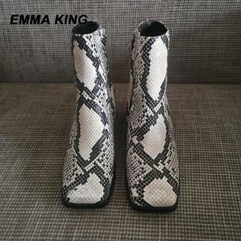

Women Leather Snake Pattern Short Ankle Boots Square Toe Sexy Nightclub Square Heel Shoes Runway Catwalk Women Boots 2020