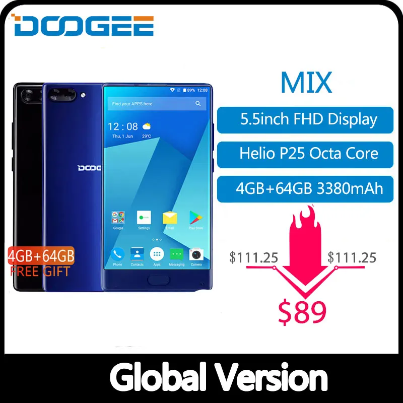  American Version DOOGEE MIX 4GB+64GB bezel-less Smartphone Dual Camera 5.5'' AMOLED MTK Helio P25 O - 4000413681561