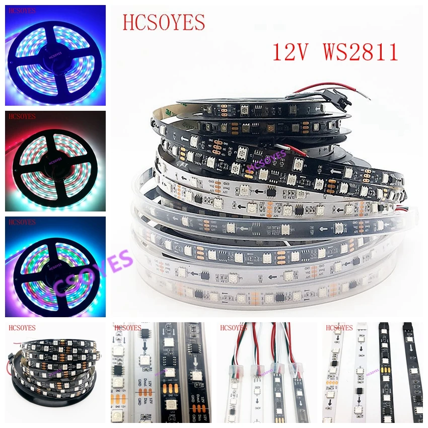 

DC12V WS2811 1m/3m/5m 30/48/60leds/m 5050 SMD RGB Smart Pixel Led Strip Addressable WS2811IC Black/White PCB