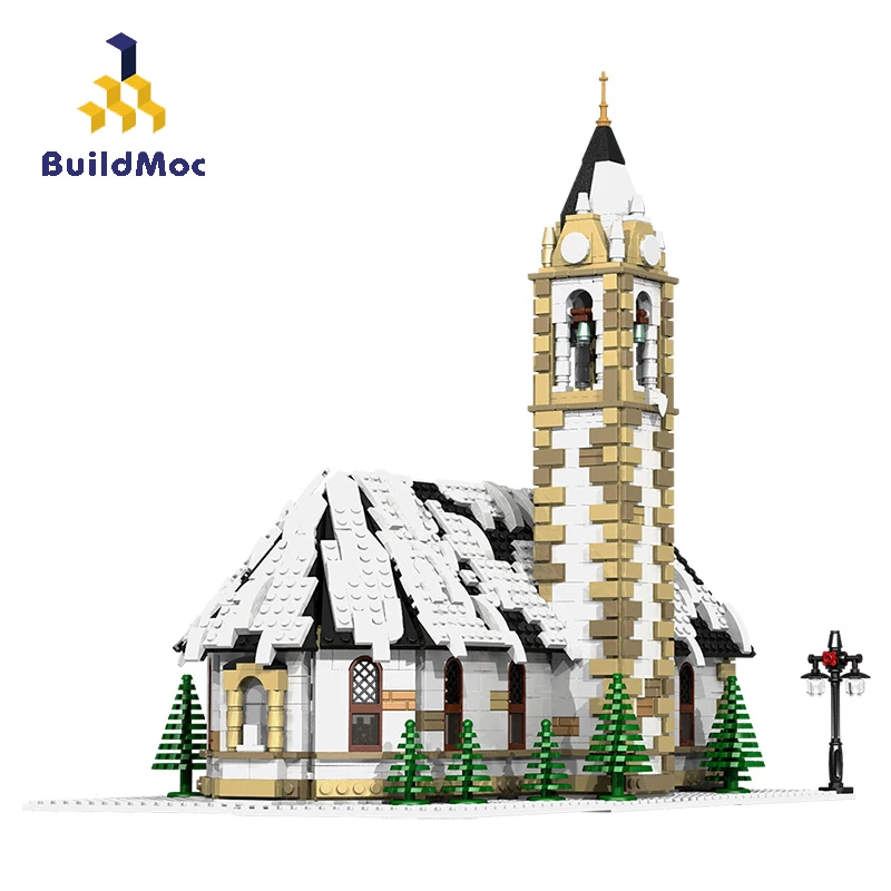 BuildMoc City Buildings Christmas Village Winter Cottage Church Architecture Building Blocks Bricks City House Children's Toys