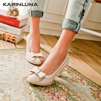 

KarinLune 2020 New Arrivals Large Size 43 Women Pumps Square Heels Round Toe Butterfly-knot Spring/Autumn Offices Lady Shoes