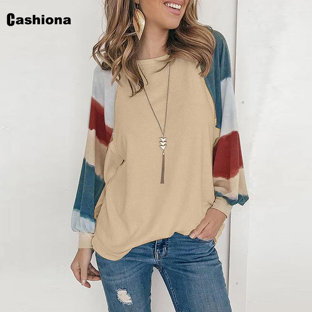 

Women Round Neck Casual T shirt Long Sleeve Patchwork Color Women's Top England Style 2021 Spring Autumn Loose Tees Shirt Femme