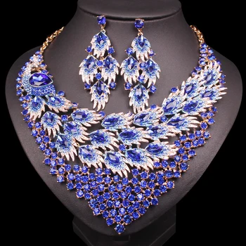 

LUXURY BIG BLUE NECKLACE EARRING SETS PEACOCK TAIL JEWELRY SETS FOR BRIDES GIFT FOR WOMEN WEDDING PARTY INDIAN COSTUME JEWELLERY