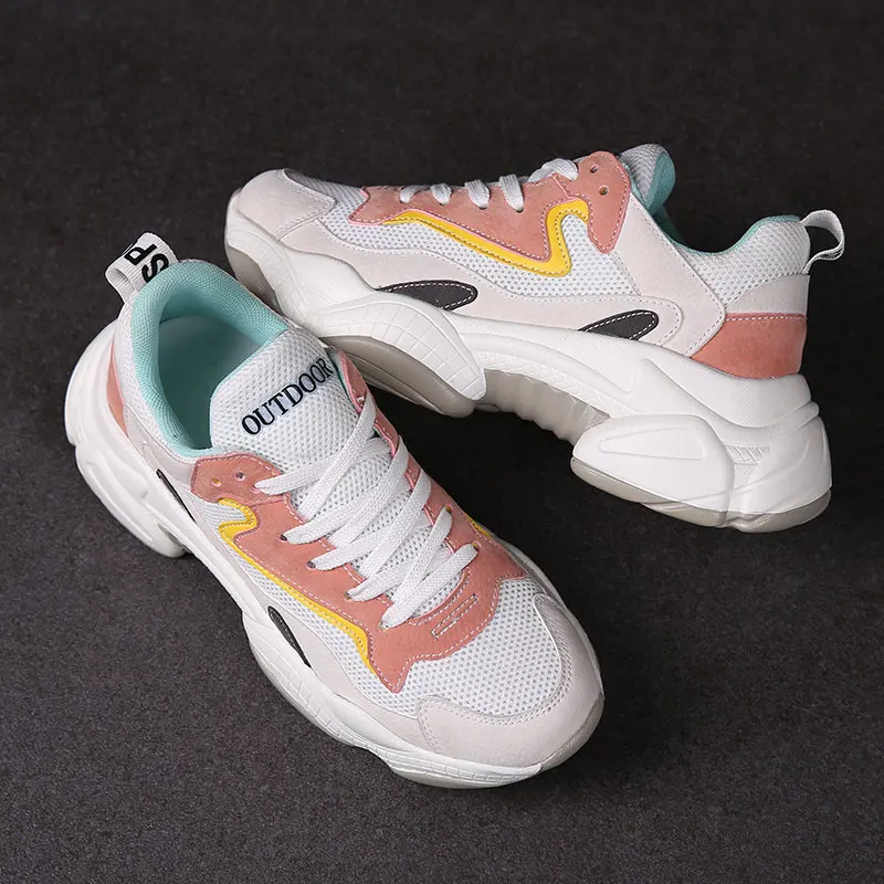 

2019 New Runner Shoes Woman Autumn Wild Chunky Sneakers Ladies White Trainers Flats Dad Shoes Thick Sole Chaussure Femme