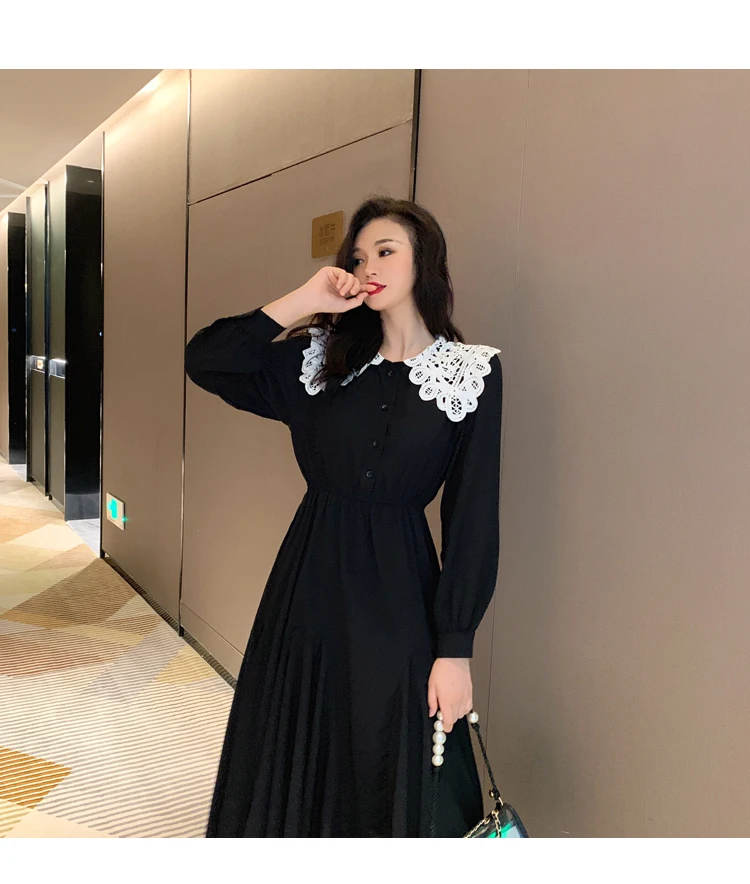 XL-4XL размера плюс женское винтажное черное платье трапециевидной формы осень кружевное платье с воротником Питер Пэн с длинным рукавом Свободные повседневные женские Платья Миди