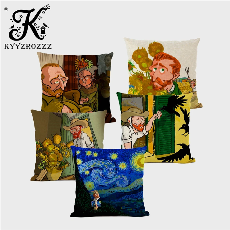 

Famous Oil Painting Cushion Cover Cartoon Van Gogh Self Portrait Starry Sky Sunflower Landscape Home Decoration Throw Pillowcase